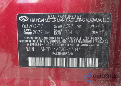 2013 Hyundai Elantra Gls from USA, damaged, VIN 5NPDH4AE2DH430441